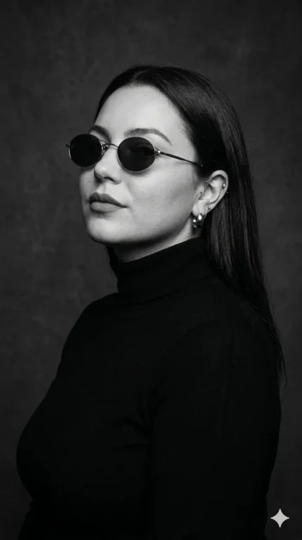 Elegant woman in black turtleneck poses with minimalist sunglasses
