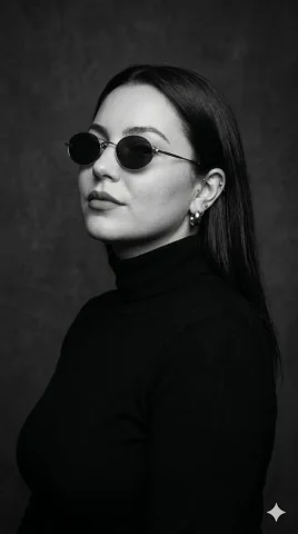 Elegant woman in black turtleneck poses with minimalist sunglasses — Nano Banana 2 AI Prompt: Masterpiece fine-art monochrome fashion portrait of an elegant woman in her mid-...