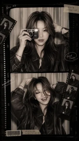 Vintage photobooth collage of a glamorous woman in leather jacket — Nano Banana 2 AI Prompt: Edit this photo and don't change the face, portrait 9:16. A sophisticated vintag...