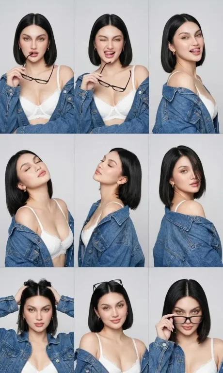 A stunning model poses nine ways in sleek bob and denim jacket