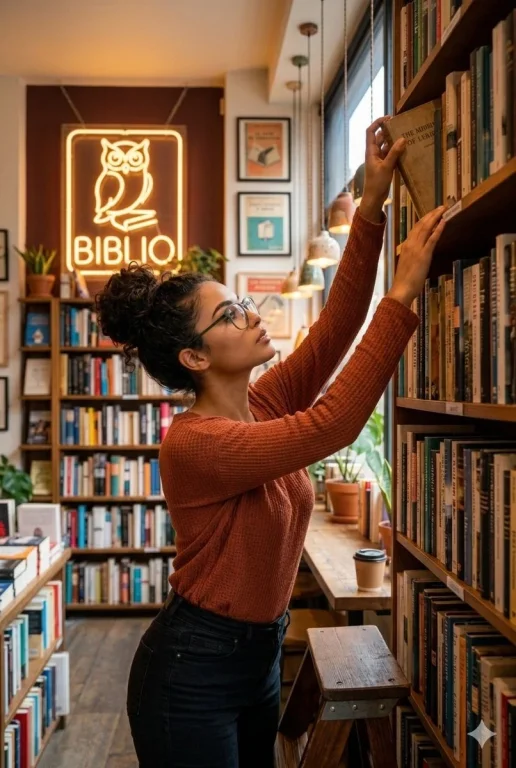Contemplative young woman sits at a cozy Biblio café counter