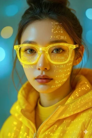 A woman with neon glasses wears glowing math equations on her face. — Nano Banana 2 AI Prompt: A cinematic, hyper-realistic close-up portrait of a young East Asian woman with...