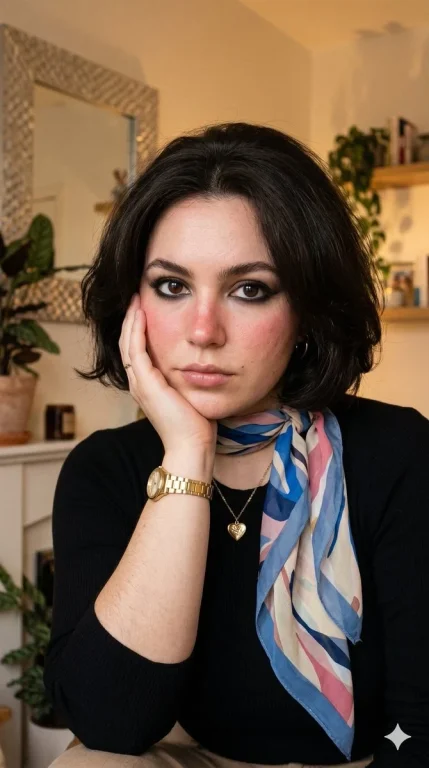 Young woman in black top rests head on hand with thoughtful gaze