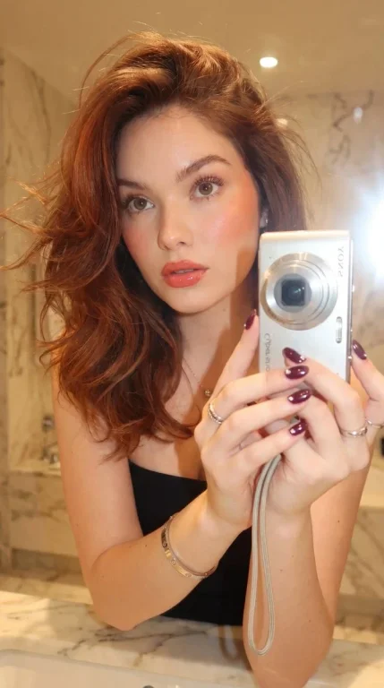 A beautiful woman takes a mirror selfie in a luxury marble bathroom