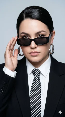 A confident executive adjusts her sunglasses in luxury office — Nano Banana 2 AI Prompt: { "image_analysis": { "genre": "fashion portrait photography",...