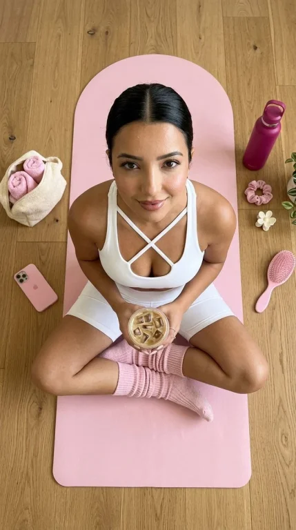 Woman sits cross-legged on pink yoga mat holding iced coffee