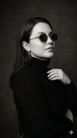 A woman in black turtleneck lifts her chin with confidence — Nano Banana 2 AI Prompt: { "image_analysis": { "genre": "fine art fashion portrait",...