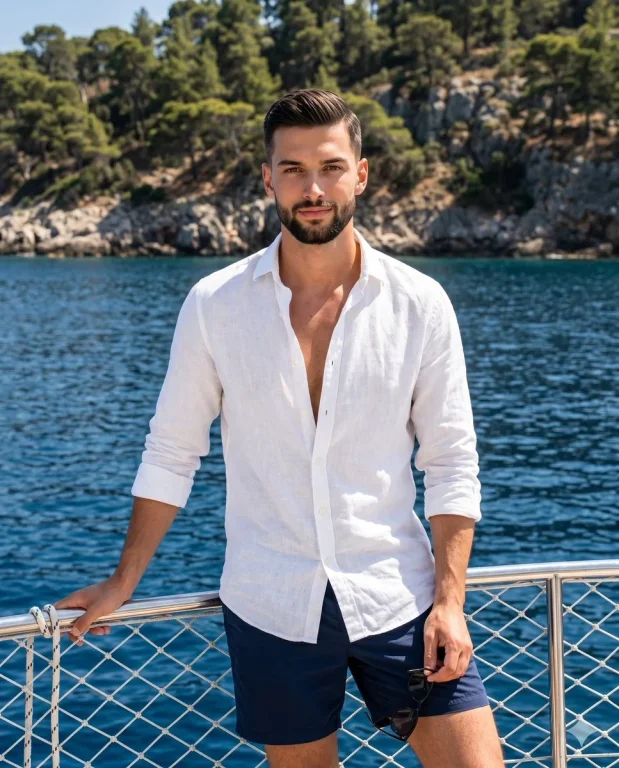 Confident young man leans on boat railing under bright sun