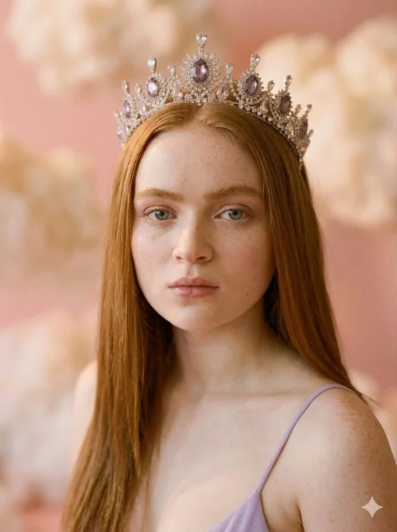 A queen in soft pink studio reclines with elegant grace