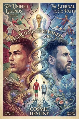 Two football legends climb a DNA staircase toward a shared trophy — Nano Banana 2 AI Prompt: A striking vertical art poster rendered in the style of a detailed, symmetrical...