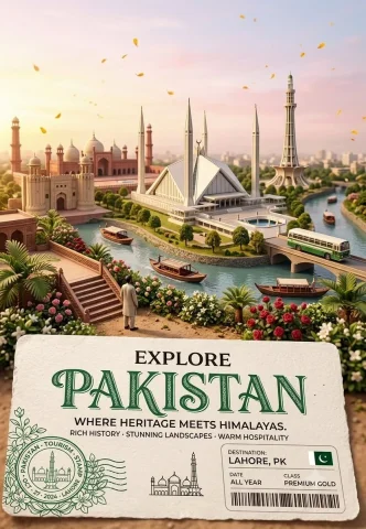Faisal Mosque and Minar-e-Pakistan blend under a golden sky — Nano Banana 2 AI Prompt: A surreal travel poster postcard concept showcasing the landmarks of Pakistan in...