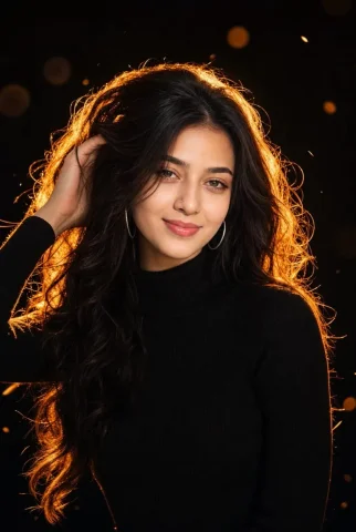 Woman with golden-lit black hair touches her hair in studio — Nano Banana 2 AI Prompt: A hyper-realistic AI portrait of a beautiful young woman with long voluminous wa...