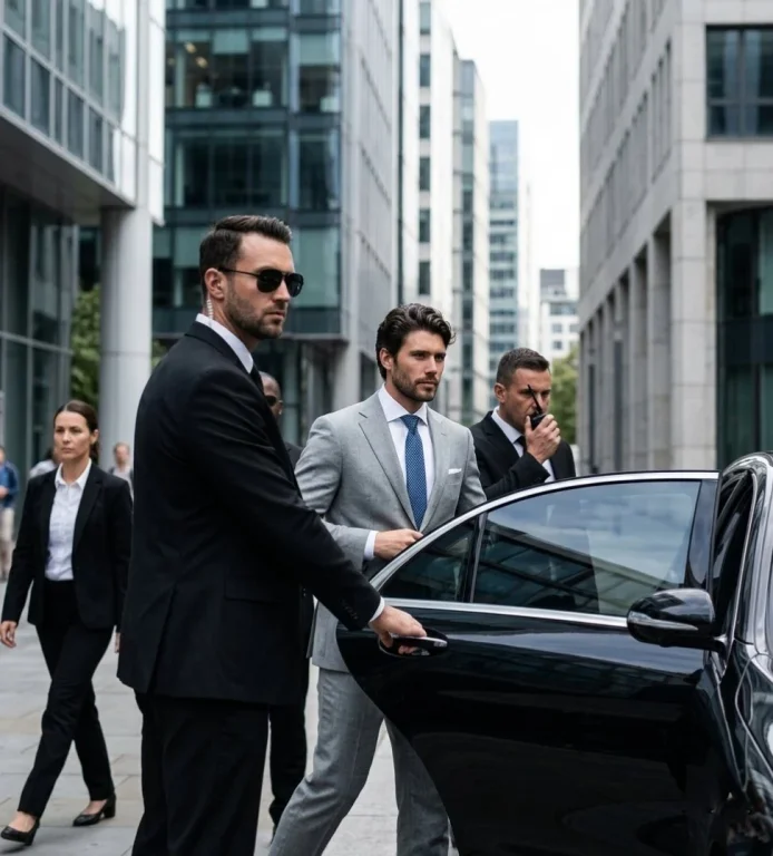 Executive enters luxury sedan flanked by security team in financial district