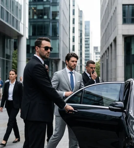Executive enters luxury sedan flanked by security team in financial district — Nano Banana 2 AI Prompt: Ultra-realistic cinematic photograph of a high-profile executive arriving at a l...