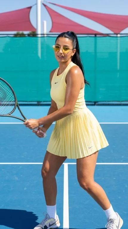 Young woman in butter-yellow tennis skirt moves mid-swing on blue court