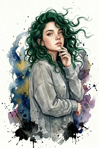 Emerald curls frame introspective double portrait in watercolor — Nano Banana 2 AI Prompt: A stunning and dynamic watercolor composition, this artwork presents a powerful...
