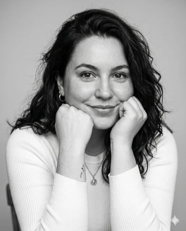 A young woman shares a genuine smile with soft natural lighting.