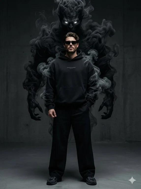 A young man in black streetwear faces a massive smoke demon behind him.
