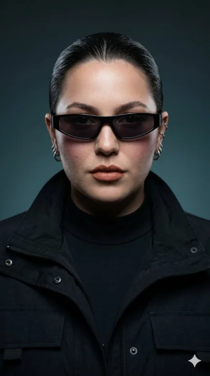 A fashion model in futuristic sunglasses commands attention with cool elegance