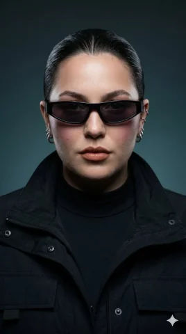 A fashion model in futuristic sunglasses commands attention with cool elegance — Nano Banana 2 AI Prompt: Create an ultra-premium high-fashion editorial portrait inspired by luxury eyewe...