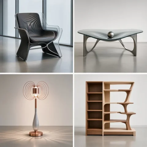 Elegant coffee table shaped by quantum superpositions of particle fields — Nano Banana 2 AI Prompt: Input = Field of Science. Identify 4 major theories or concepts (e.g., Quantum...