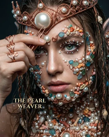 Mermaid sovereign with copper filigree stares through dancing light — Nano Banana 2 AI Prompt: A hyper-realistic cinematic portrait close-up of a flawless mermaid Sovereign. H...