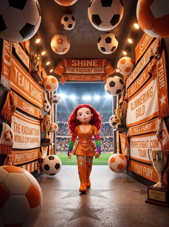 A player strides through a tunnel of floating soccer trophies