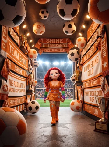 A player strides through a tunnel of floating soccer trophies — Nano Banana 2 AI Prompt: A hyper-realistic cinematic editorial. The subject walks through an illuminated...