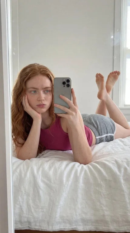 Sadie Sink in pink tank top captures mirror selfie on bed