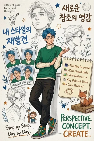 A blue-haired artist stands surrounded by sketches and motivational notes. — Nano Banana 2 AI Prompt: An anime-style character design sheet and art concept poster centered around a y...
