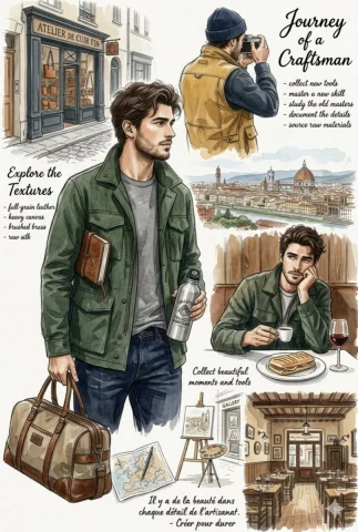 A young craftsman explores Florence with leather bag and water bottle — Nano Banana 2 AI Prompt: A beautiful, watercolor-style lifestyle mood board and illustration collage capt...