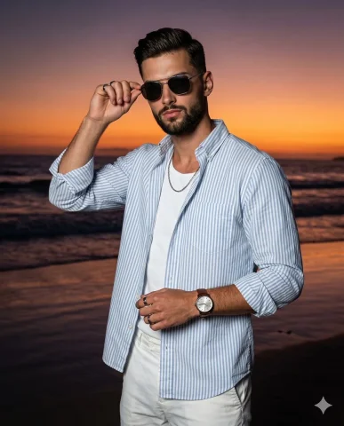 A bearded man in white and blue stands on a dusky beach — Nano Banana 2 AI Prompt: A confident young bearded man stands anchoring the left-center of the compositio...