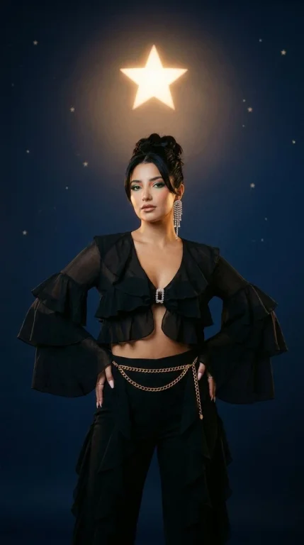 A model in black ruffles poses under a glowing star.