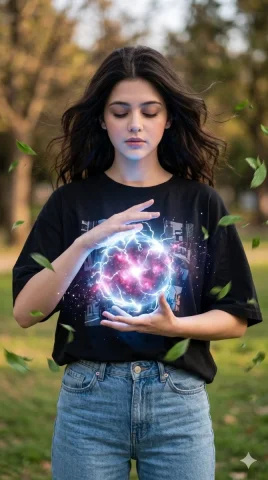 A woman controls lightning and leaves in a magical park — Nano Banana 2 AI Prompt: Ultra-realistic IMAX-level Netflix-style cinematic magical realism portrait, 9:1...