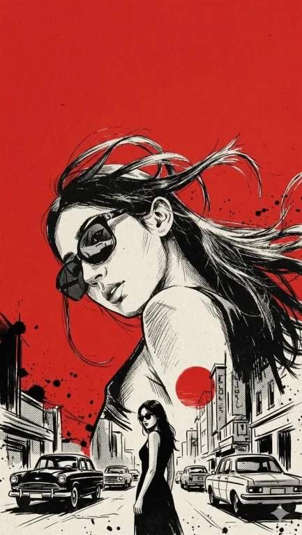 A red retro silhouette looms over a gritty noir scene