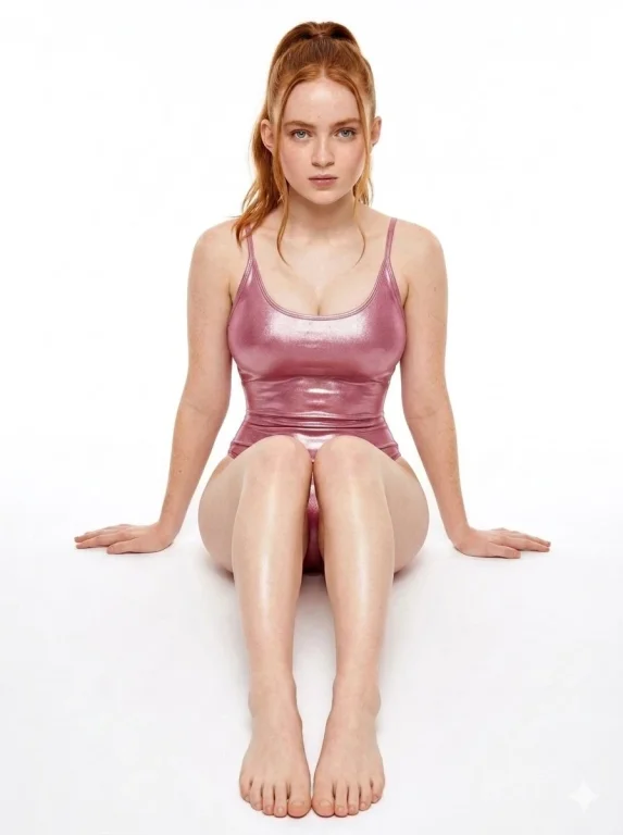 Red-haired woman in pink leotard sits on white floor