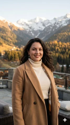 A woman in a camel coat stands on a mountain terrace at golden hour — Nano Banana 2 AI Prompt: Create an ultra-photorealistic cinematic masterpiece featuring the woman from th...
