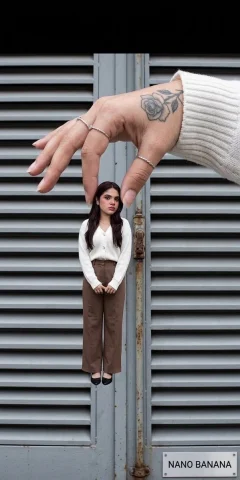 A giant hand holds a miniature twin in surreal scale play. — Nano Banana 2 AI Prompt: Surreal scale play, forced perspective: from the upper right corner, the giant h...