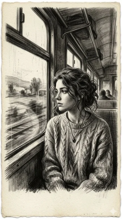 A pensive woman in charcoal gazes from a moving train.