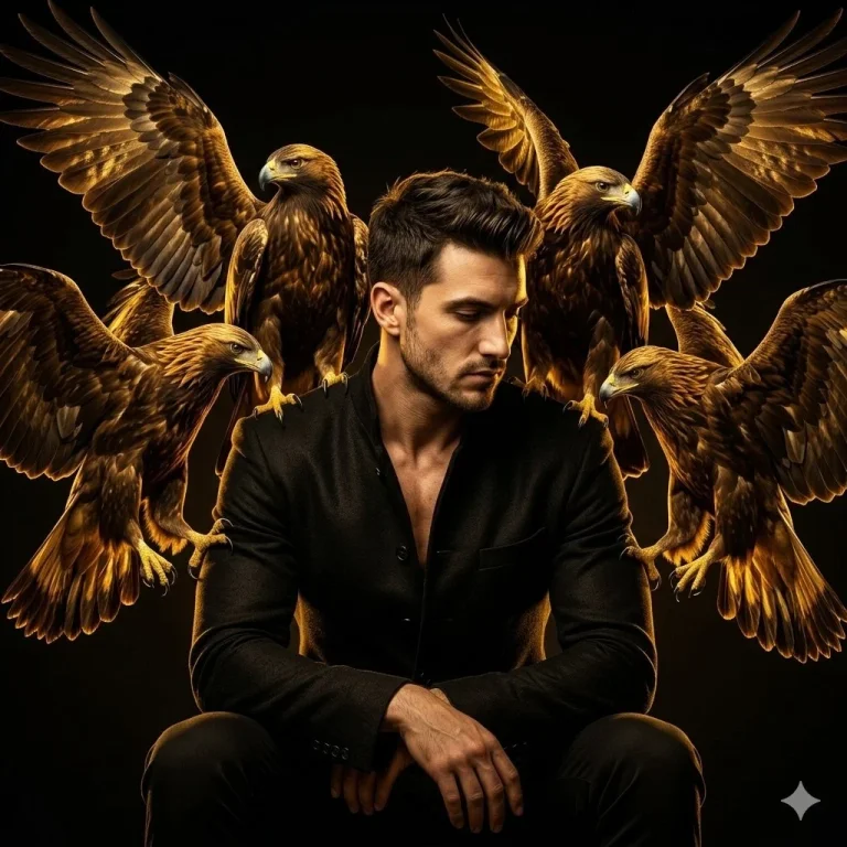 A powerful man in black jacket sits surrounded by golden eagles