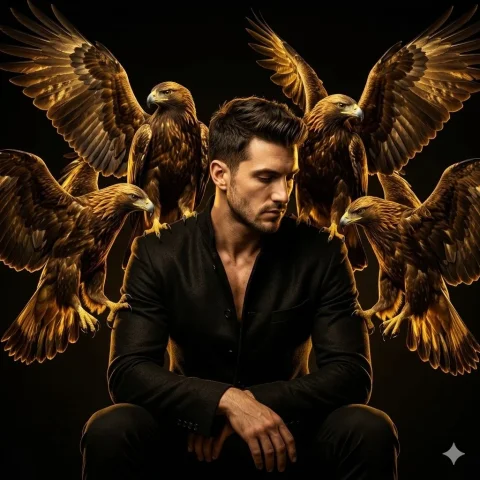A powerful man in black jacket sits surrounded by golden eagles — Nano Banana 2 AI Prompt: - Create a realistic surreal photographic portrait of a powerful man seated on a...