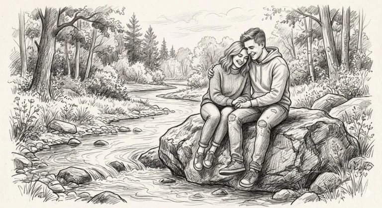 Young couple share a tender moment by the whispering river in pencil sketch.
