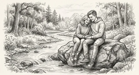 Young couple share a tender moment by the whispering river in pencil sketch. — Nano Banana 2 AI Prompt: A detailed graphite pencil sketch of a young couple sharing a tender moment in a...