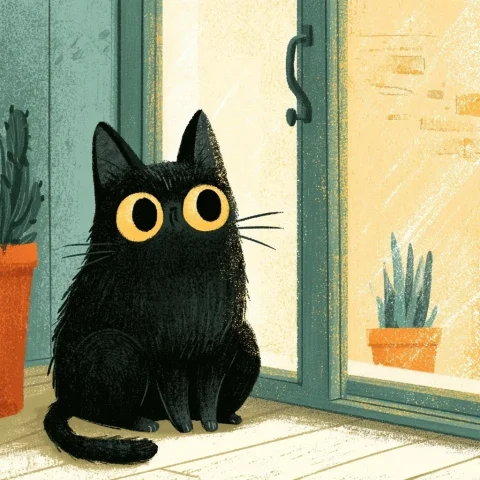 Whimsical Black Cat by Glass Door — Midjourney v6 AI Prompt: a super cute, whimsical illustration of a black cat sitting by a sliding glass d...