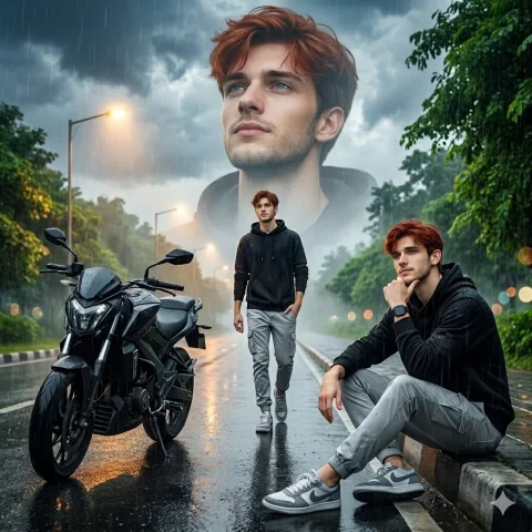 A young man's triple portrait on a rain-soaked road at dusk — Nano Banana 2 AI Prompt: Ultra-realistic cinematic rainy-day portrait collage of a young man on an empty...