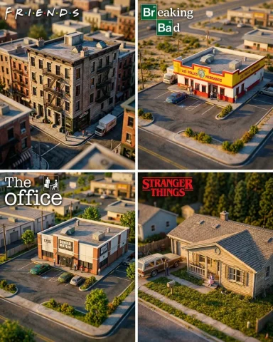 Central Perk diorama glows in golden hour miniature detail — Nano Banana 2 AI Prompt: Hyper-realistic miniature diorama of [TV LOCATION], the building fills 70% of t...