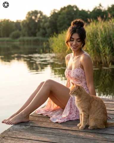 Woman in floral dress sits with cat on lakeside dock at sunset — Nano Banana 2 AI Prompt: Ultra realistic cinematic lakeside portrait photo of [REFERENCE PERSON], preserv...