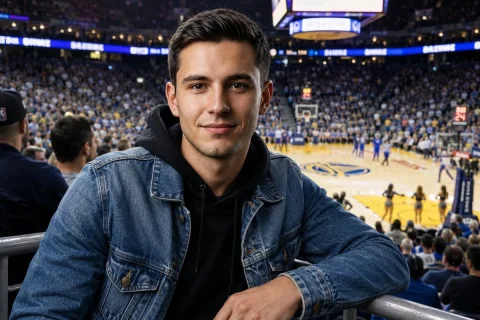 Young man in denim jacket watches basketball game from stands — Nano Banana 2 AI Prompt: ​A photorealistic portrait of a handsome young man with short dark hair, brown e...