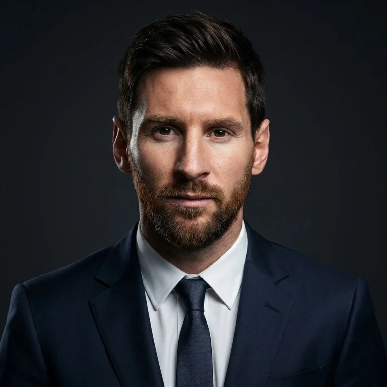 A serious man in a navy suit poses under dramatic studio lights
