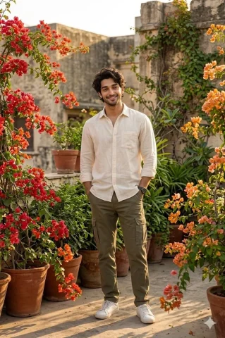 Young man stands on a sunlit rooftop garden surrounded by bougainvillea vines. — Nano Banana 2 AI Prompt: Use the exact same face from reference image and generate a Ultra-realistic iPho...